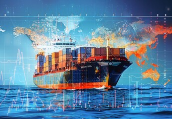 Analysis of container cargo ships in global business logistics, focusing on import/export freight shipping, transportation, and big data visualization with graphs and charts for business information.