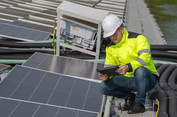 Engineer working at floating solar farm,checking and maintenance with solar batteries near solar panels,supervisor Check the system at the solar power station