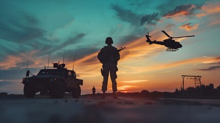 Silhouette of a soldier during sunset with a helicopter and military vehicle. Dramatic sky, hero concept. Stock photo for commercial use. AI