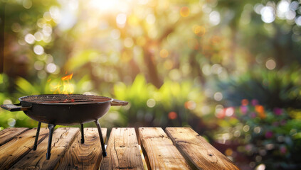 Barbecue grill on wooden table with blurred garden background for product display, mock up and copy space