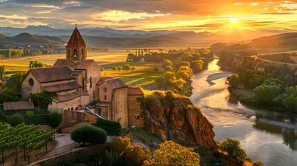 Naklejka premium Scenic View of a Historic Church Overlooking a River at Sunset. Vibrant Landscape, Serene Nature, Travel Inspiration. Perfect for Postcards and Backgrounds. AI