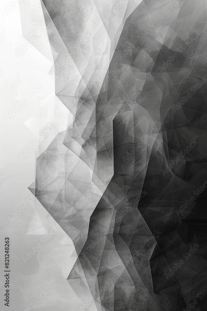 Poster Illustration of randomly placed irregular polygons in shades of grey on a white background, creating a subtle, balanced pattern,