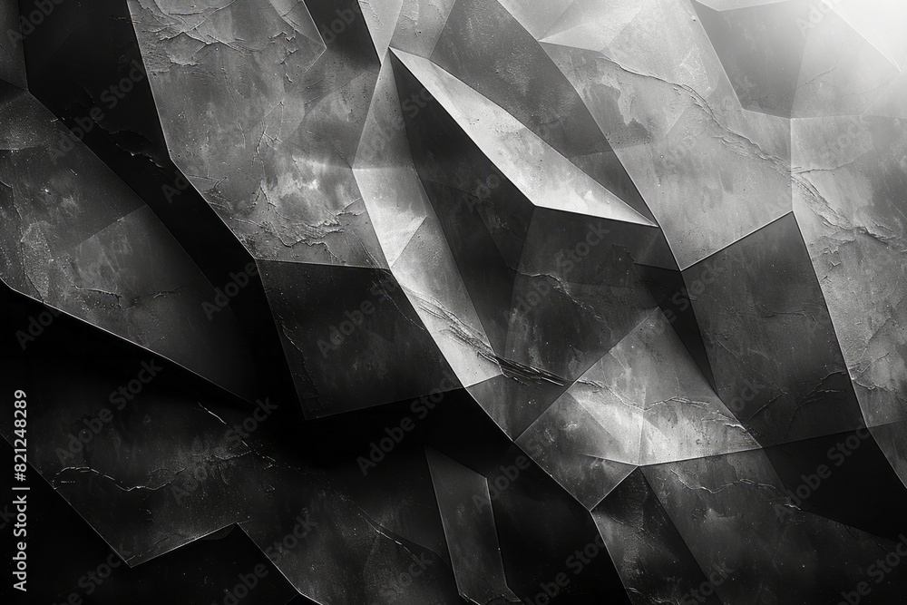 Poster artistic composition of black and white polygons scattered across the canvas, with varying sizes and