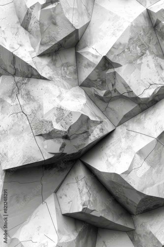 Poster illustration of randomly placed irregular polygons in shades of grey on a white background, creating