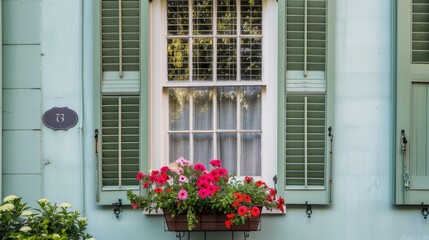 decorative details of houses, such as ornate doors, windows with colored shutters, or flower pots on window sills generative ai