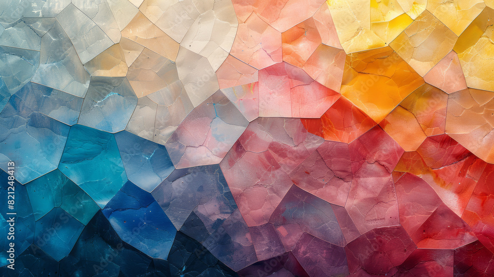 Leinwandbilder Abstract design with pastel-colored irregular polygons overlapping slightly, forming a balanced yet chaotic pattern,