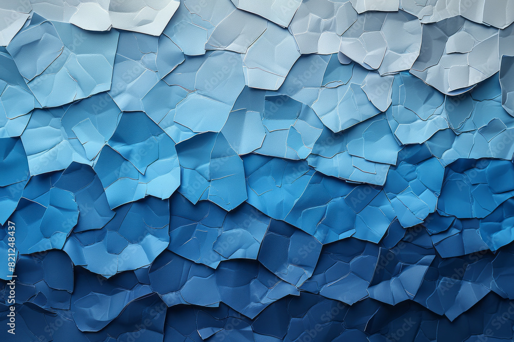 Poster minimalist illustration featuring irregular polygons in different shades of blue, arranged to create