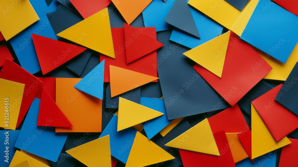 Aufkleber a series of irregular polygons in bold primary colors, scattered on a neutral background for a strik