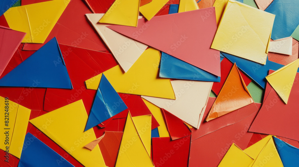 Poster A series of irregular polygons in bold primary colors, scattered on a neutral background for a striking minimalist effect,