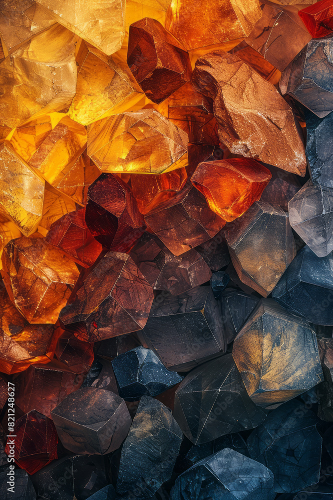 Poster illustration with irregular polygons in earth tones, placed seemingly randomly but creating a harmon
