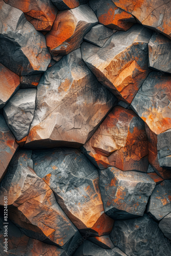 Poster illustration with irregular polygons in earth tones, placed seemingly randomly but creating a harmon