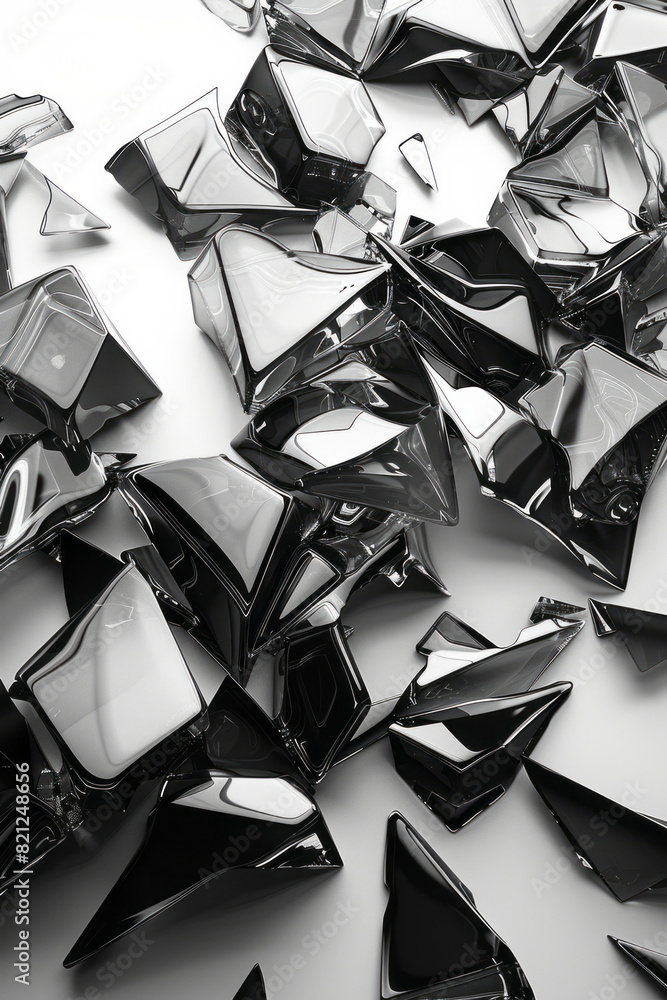 Poster monochrome design with black irregular polygons on a white background, their chaotic arrangement for