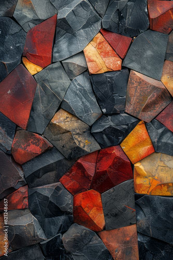 Poster illustration with irregular polygons in earth tones, placed seemingly randomly but creating a harmon