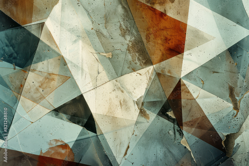 Poster Abstract depiction of irregular polygons in muted colors, their overlapping edges creating a sense of depth and balance,