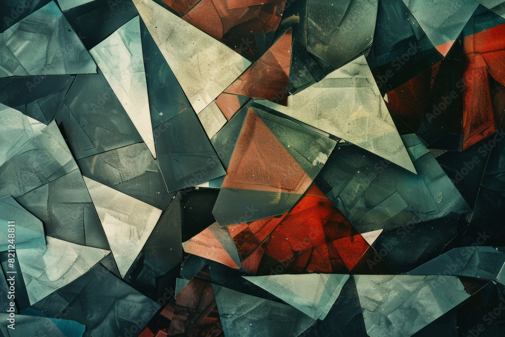 Poster abstract depiction of irregular polygons in muted colors, their overlapping edges creating a sense o