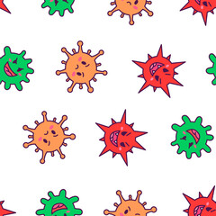Viruses kawaii. Seamless pattern. Cute cartoon characters of bacterial infection and microbe. Hand drawn style. Vector drawing. Design ornaments.