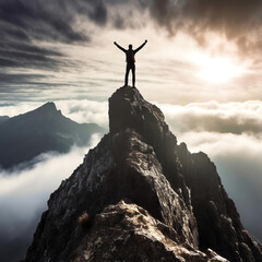 Man standing on top of a peak with open arms