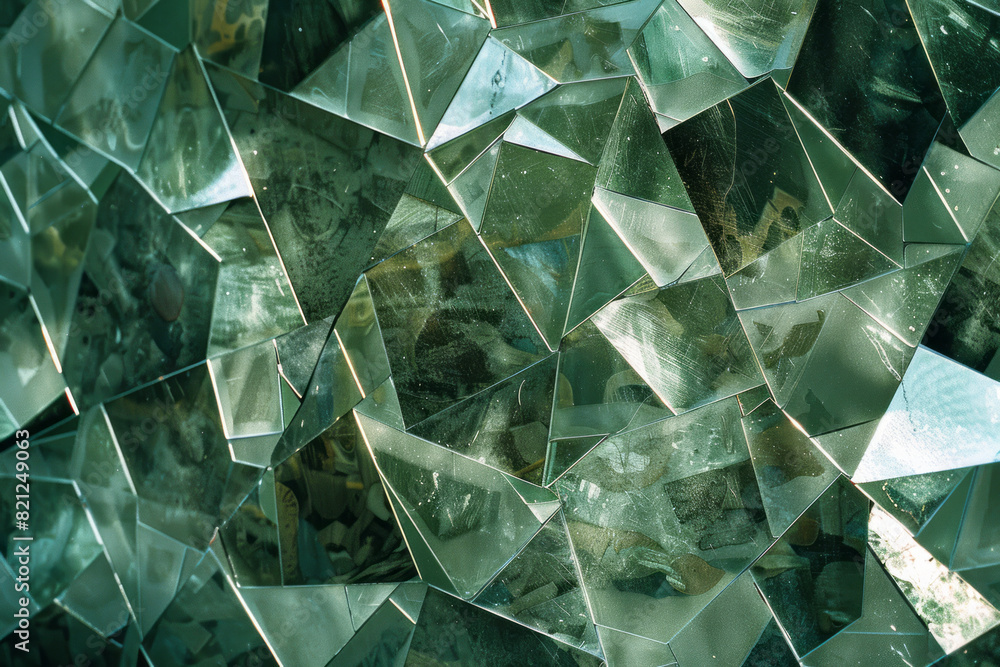 Poster composition of irregular polygons in varying shades of green, their chaotic arrangement creating a s