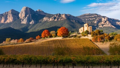 wine landscape with vineyards during autumn in the alella denomination of origin area in the...