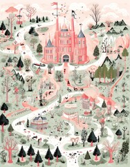 Whimsical illustrated castle surrounded by enchanting landscapes, lively characters, and intricate details, evoking a fairy-tale kingdom.