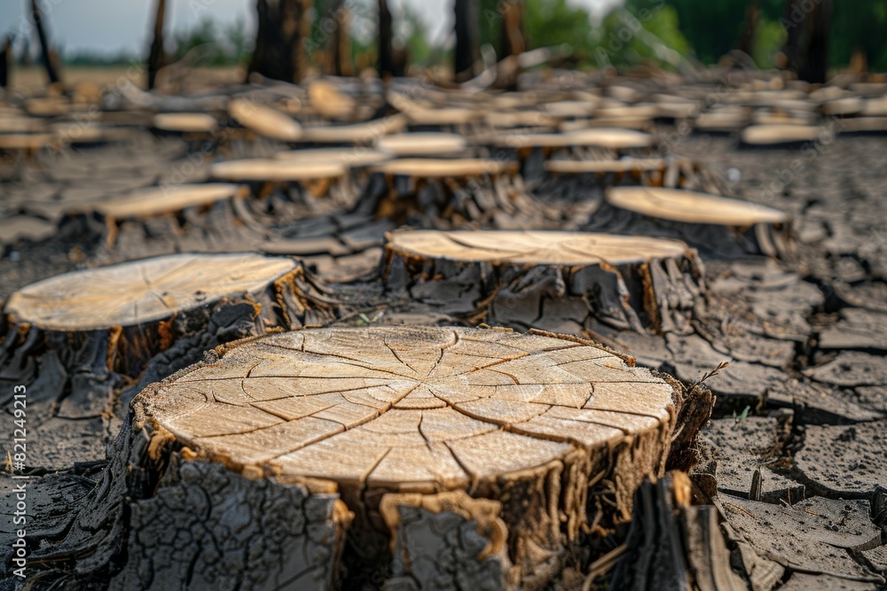 Poster stump from felled tree in drought concept. record summer heat. background of the consequences of env