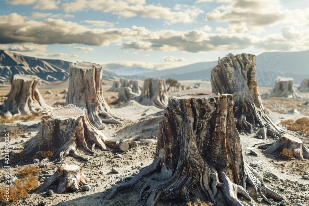 Poster stump from felled tree in drought concept. record summer heat. background of the consequences of env