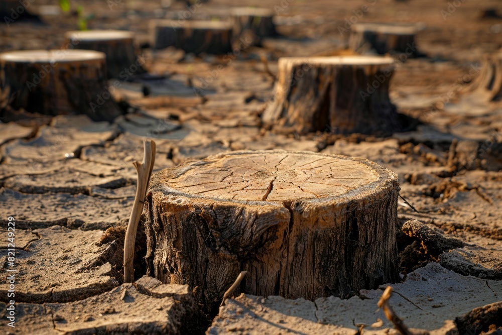Poster stump from felled tree in drought concept. record summer heat. background of the consequences of env