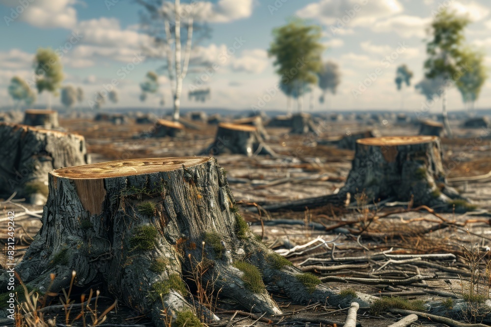 Poster stump from felled tree in drought concept. record summer heat. background of the consequences of env