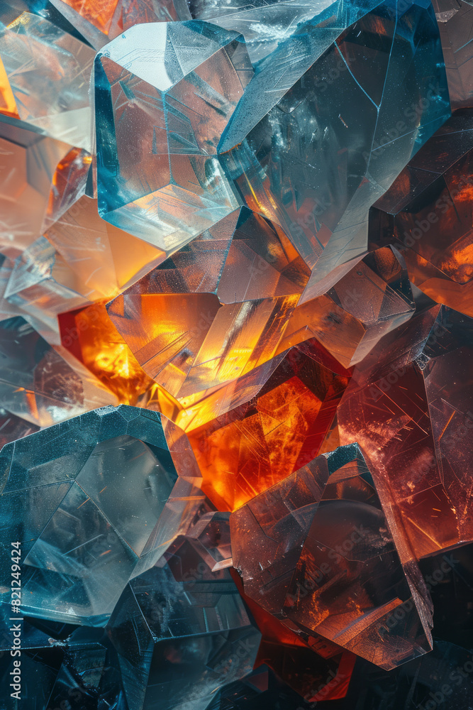 Poster Illustration with transparent irregular polygons in different sizes, their chaotic placement forming a harmonious composition,