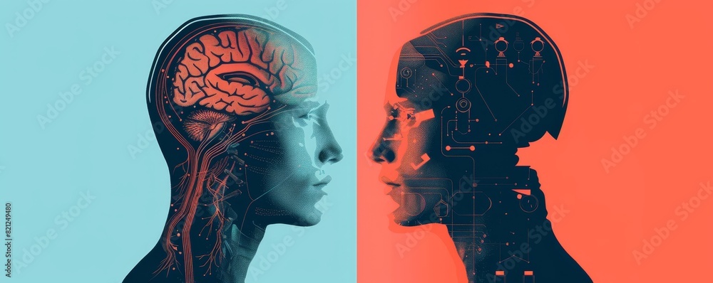Poster a conceptual illustration comparing a human brain and an artificial intelligence brain with overlapp