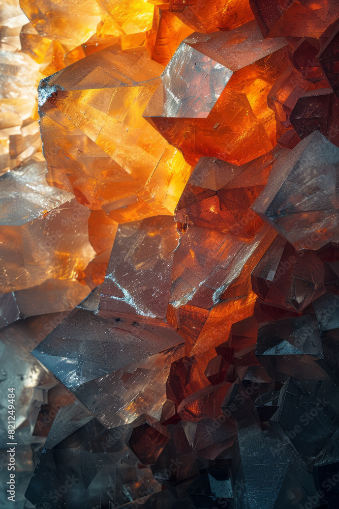Poster composition of irregular polygons in warm tones, their overlapping edges creating a sense of depth a