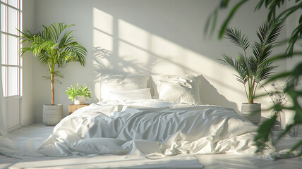 A white bedroom with a white bed and a white wall
