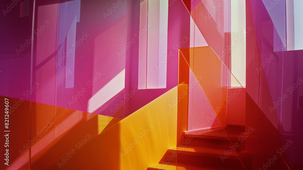 Fototapete minimalist design with irregular polygons in bright colors, placed randomly on a neutral background 
