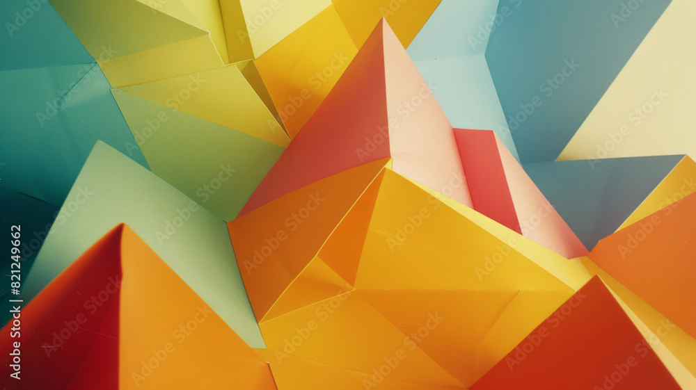 Poster Minimalist design with irregular polygons in bright colors, placed randomly on a neutral background for a balanced effect,
