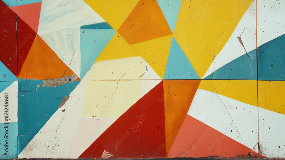 Fototapete minimalist design with irregular polygons in bright colors, placed randomly on a neutral background 