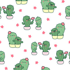 Kawaii cactus hug. Seamless pattern. Cute cartoon cacti couple in love. Funny plant characters in pots. Hand drawn style. Vector drawing. Design ornaments.