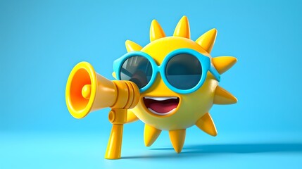 Playful sun character with sunglasses holding a trumpet. Colorful, cheerful image suitable for...