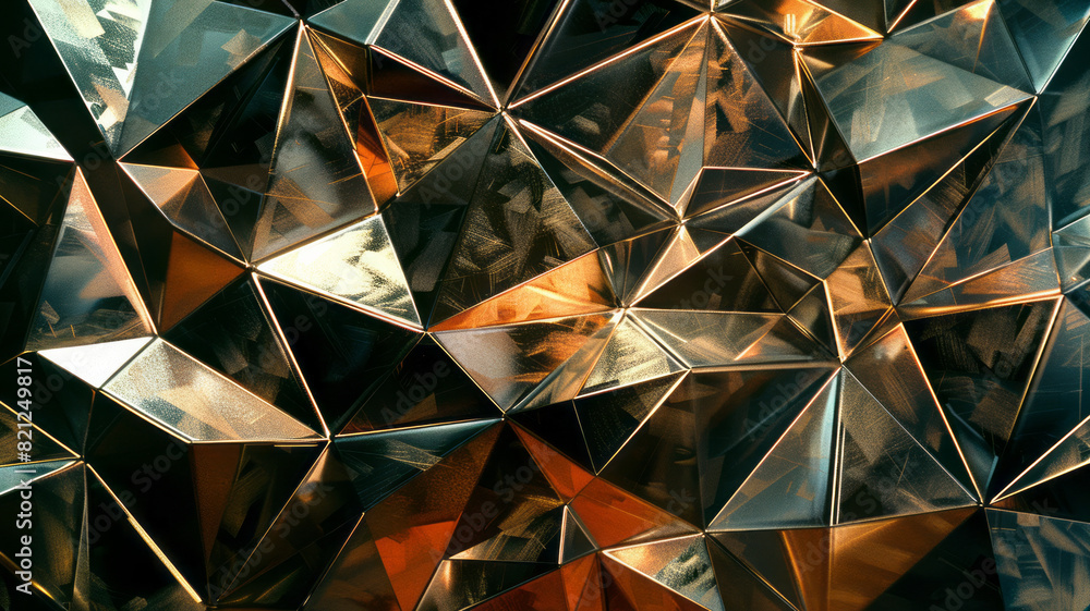 Poster Artwork featuring irregular polygons in metallic shades, scattered to create a balanced and dynamic composition,
