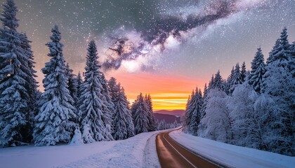 road leading towards colorful sunrise between snow covered trees with epic milky way on the sky