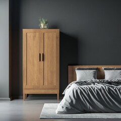 Wooden wardrobe against a black wall in minimalist style interior design of a modern bedroom with a bed photorealistic