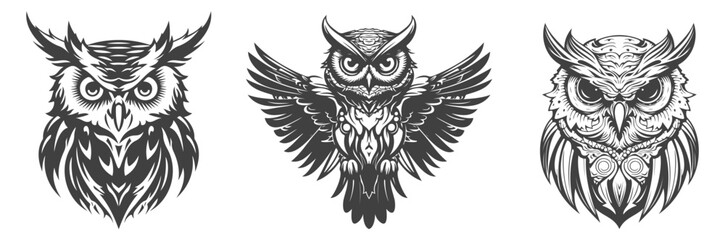 set of abstract vector designs of owl silhouettes, 