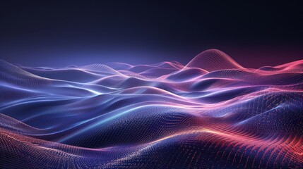 Obraz premium A vibrant digital landscape of undulating waves in blue and pink hues, representing abstract technology and data visualization concepts.