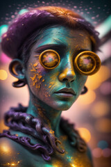 Fantastic Creature with Cosmic Beauty: Blue Skin, Golden Glasses and Fire Gold Jewelry