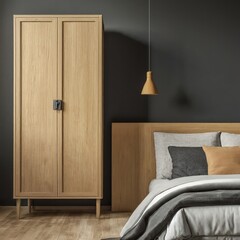 Wooden wardrobe against a black wall in minimalist style interior design of a modern bedroom with a bed photorealistic