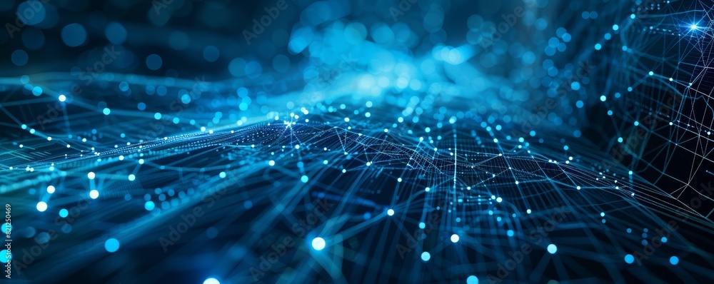 Poster abstract digital network background with glowing lines and dots representing connections and data fl
