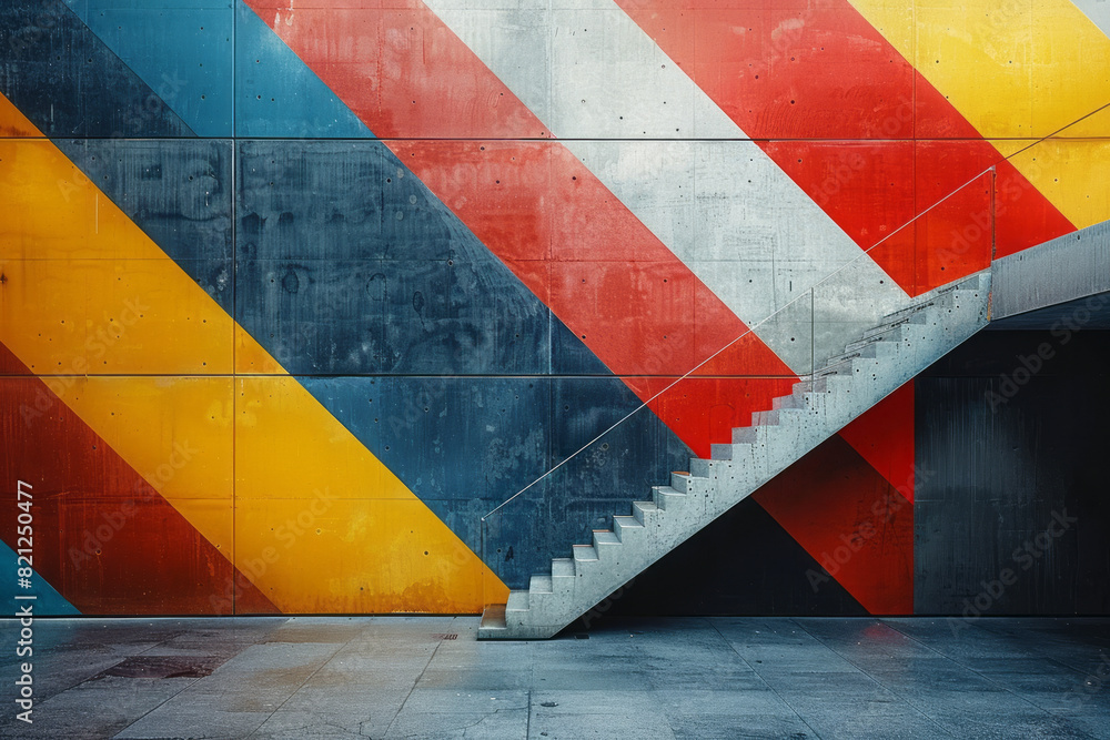 Poster minimalist design with large blocks of primary colors placed diagonally, intersecting at strategic p