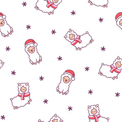 Beautiful alpaca cartoon character. Seamless pattern. Cute kawaii animal. Hand drawn style. Vector drawing. Design ornaments.