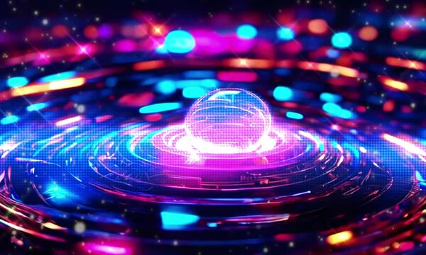 luxury Sci-fi retro laser neon abstract technology background. A multi-colored cloud rotates around a neon circle. 3d animation motion