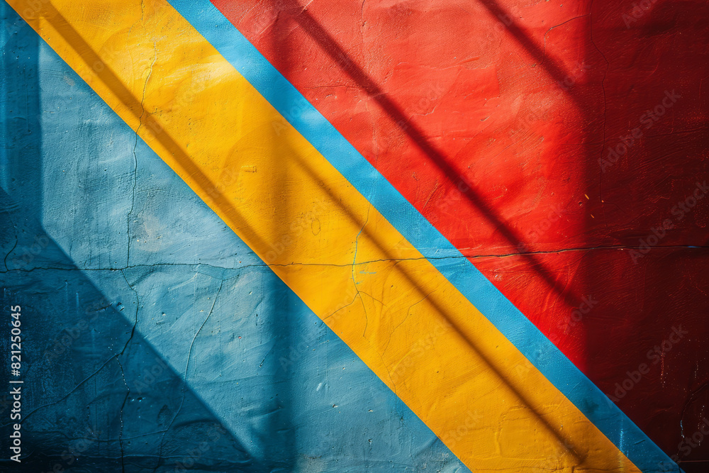 Poster minimalist design with large blocks of primary colors placed diagonally, intersecting at strategic p