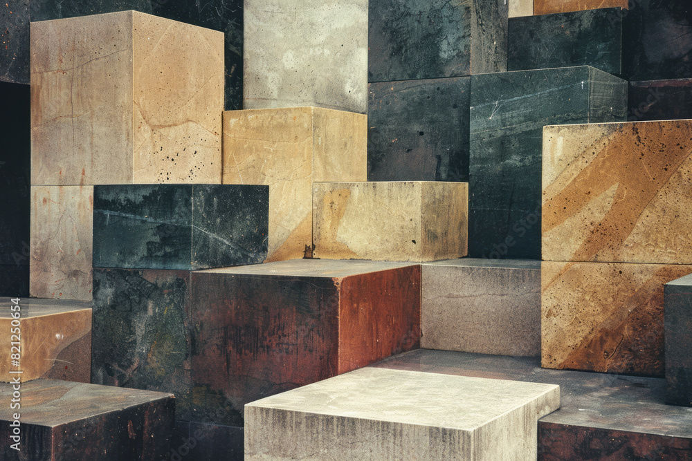 Fototapete Artwork with oversized blocks of muted earth tones, arranged in a tiered pattern to convey depth and harmony,